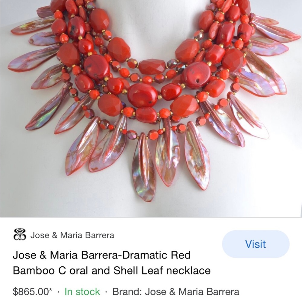 Stunning Jose & Maria BARRERA Red Bamboo and Coral Shell Leaf Necklace Neiman’s